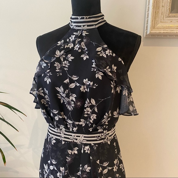 SHEIKE Halter Neck Floral Black Dress Ruffle Detail Elegant Cocktail Striped 8 - Picture 3 of 15
